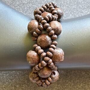 Brown Wooden Beads Stretch Bracelet Small and Large Beads Woven Together